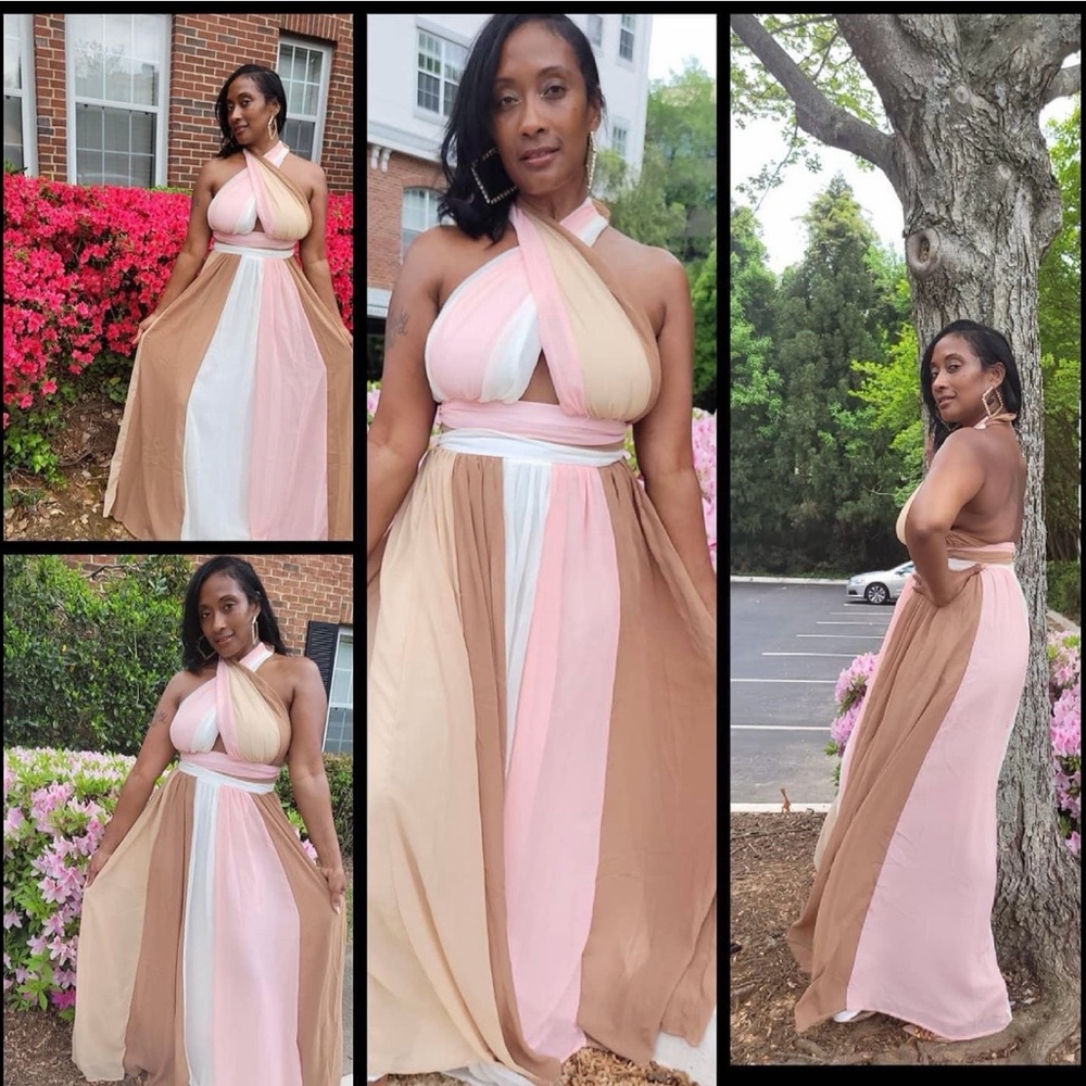 L'ATISTE Pink, Tan & Cream Colorblock Halter Maxi Dress